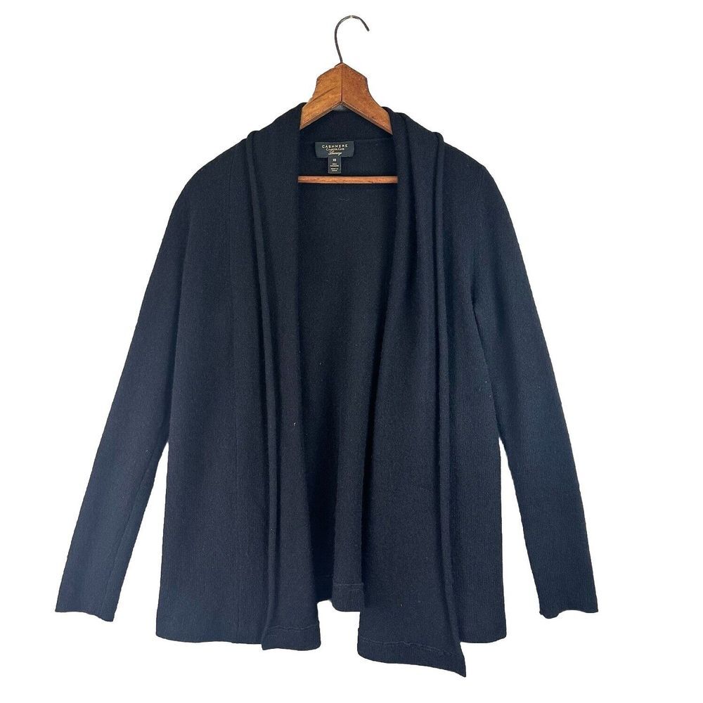 Women's Size XS Shawl Open Front Drape‎ 100% Cashmere Black Cardigan Lightweight